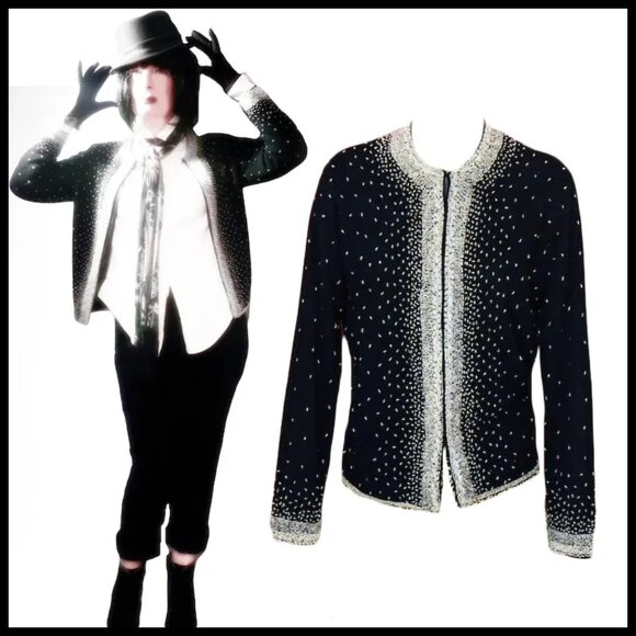 Vintage Beaded Cardigan, Beaded Black Sweater, Rockabilly Fun - Picture 3 of 14